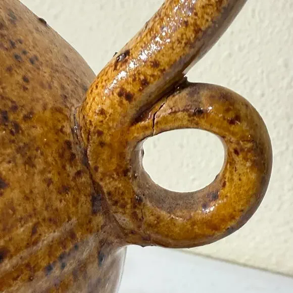 Vintage 1950's Toledo Spain Brown Yellow Speckled Glazed Pottery Vase 2 Handles